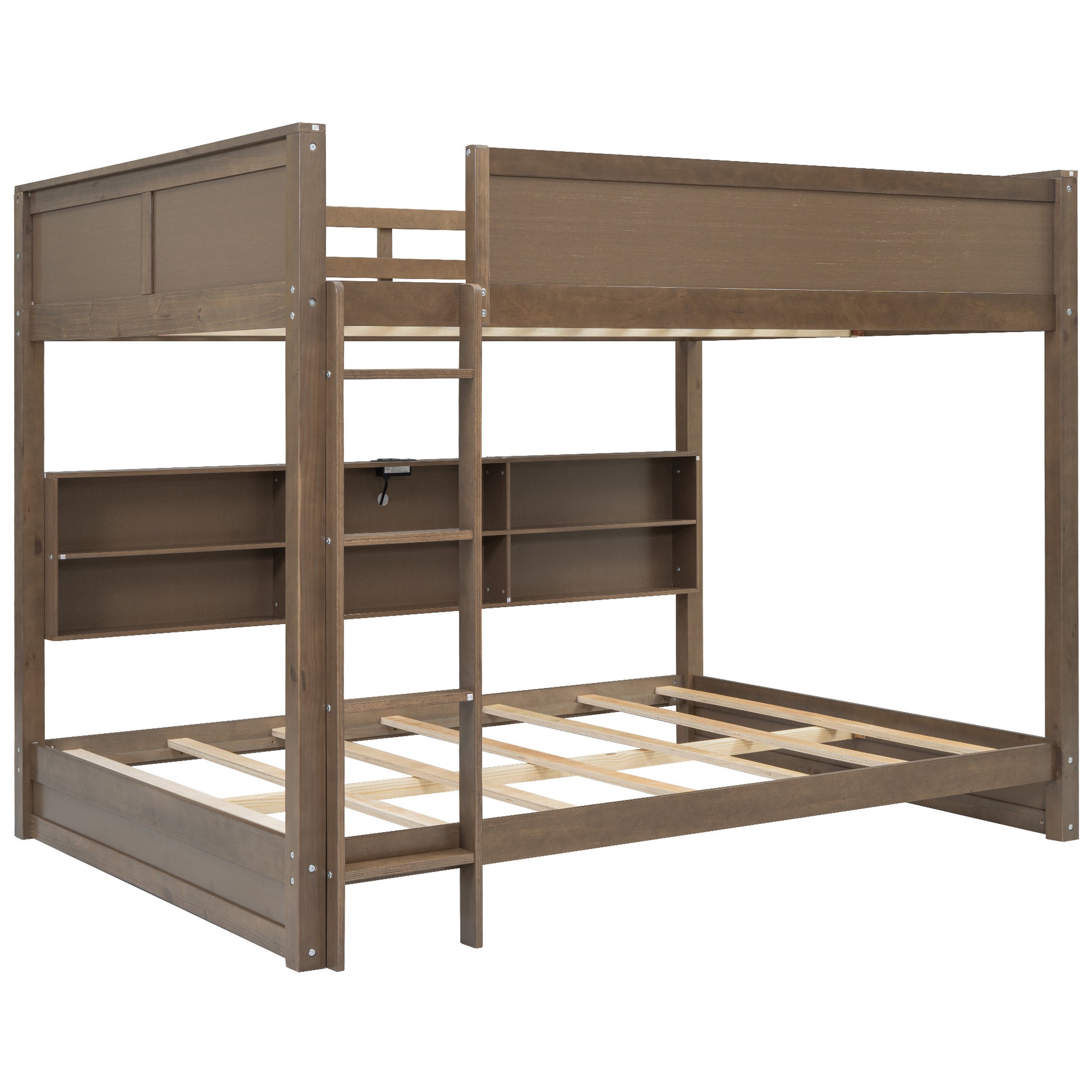 Queen Over Queen Bunk Bed With Storage Cabinets And Usb Ports, Antique Wood Color Expected Arrival Time: 10.26 Wood Solid Wood Mdf