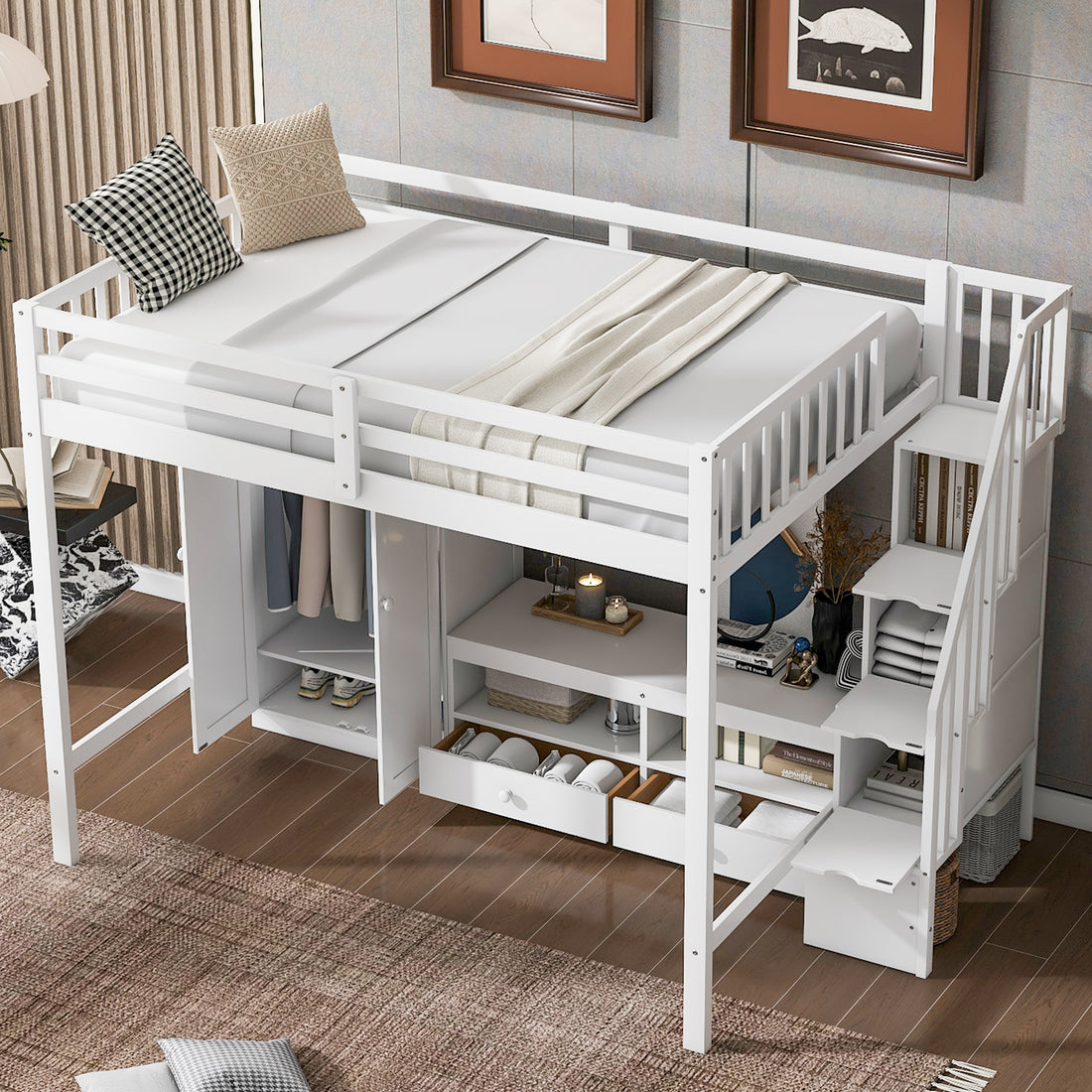 Full Size Loft Bed Frame With Wardrobe,Low Storage Table And Storage Staircase,White Gray Expected Arrival Time:10.20 White Solid Wood Mdf