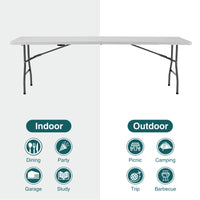 8Ft Folding Table Outdoor Indoor Heavy Duty Portable Table With Carrying Handle For Camping Picnic Party White Metal & Wood