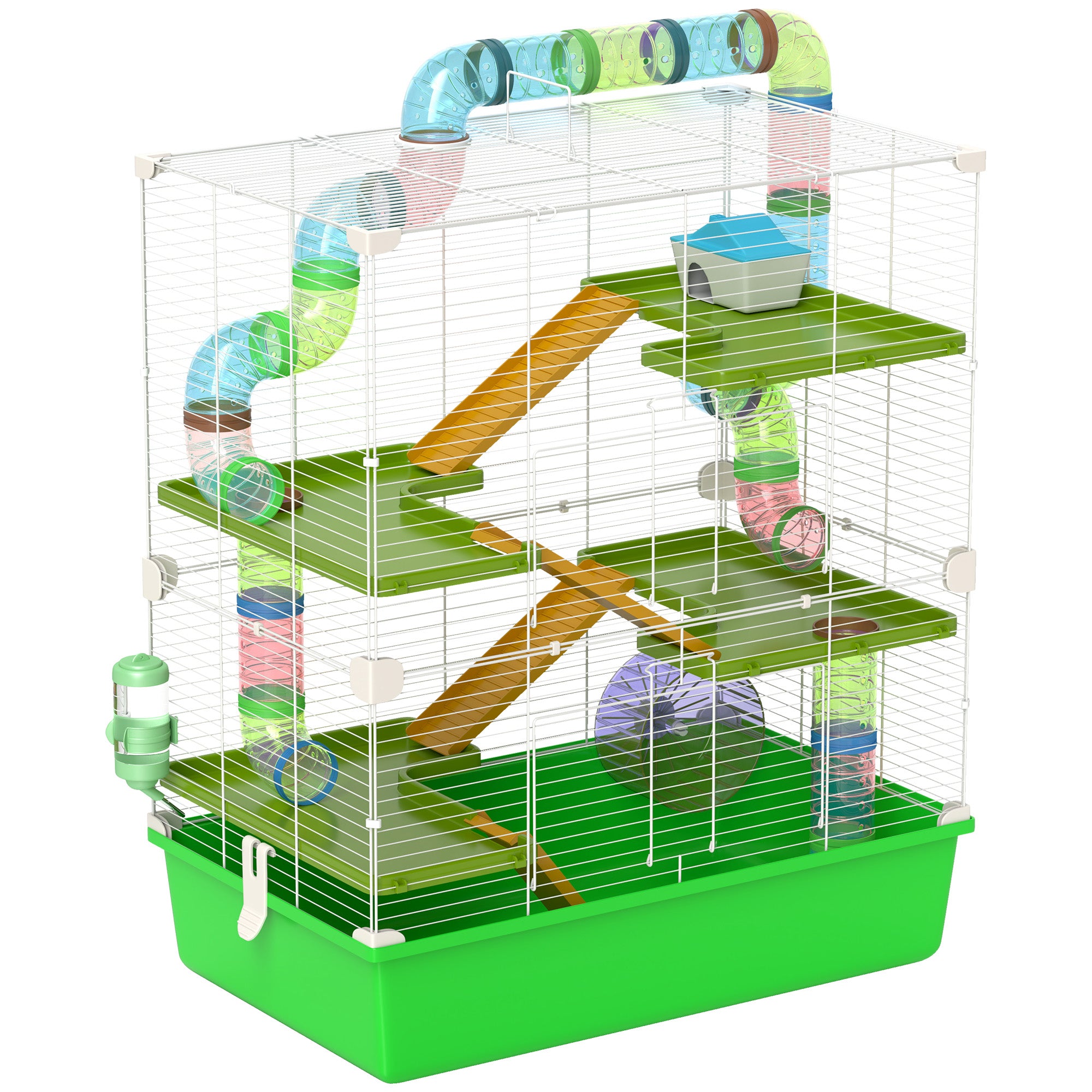 Pawhut Extra Large 23" Hamster Cage With Tubes And Tunnels, Portable Carry Handles, Rat House And Habitats Big 5 Tier Design, Mouse Cage Includes Exercise Wheel, Water Bottle, Food Dish, Green Green