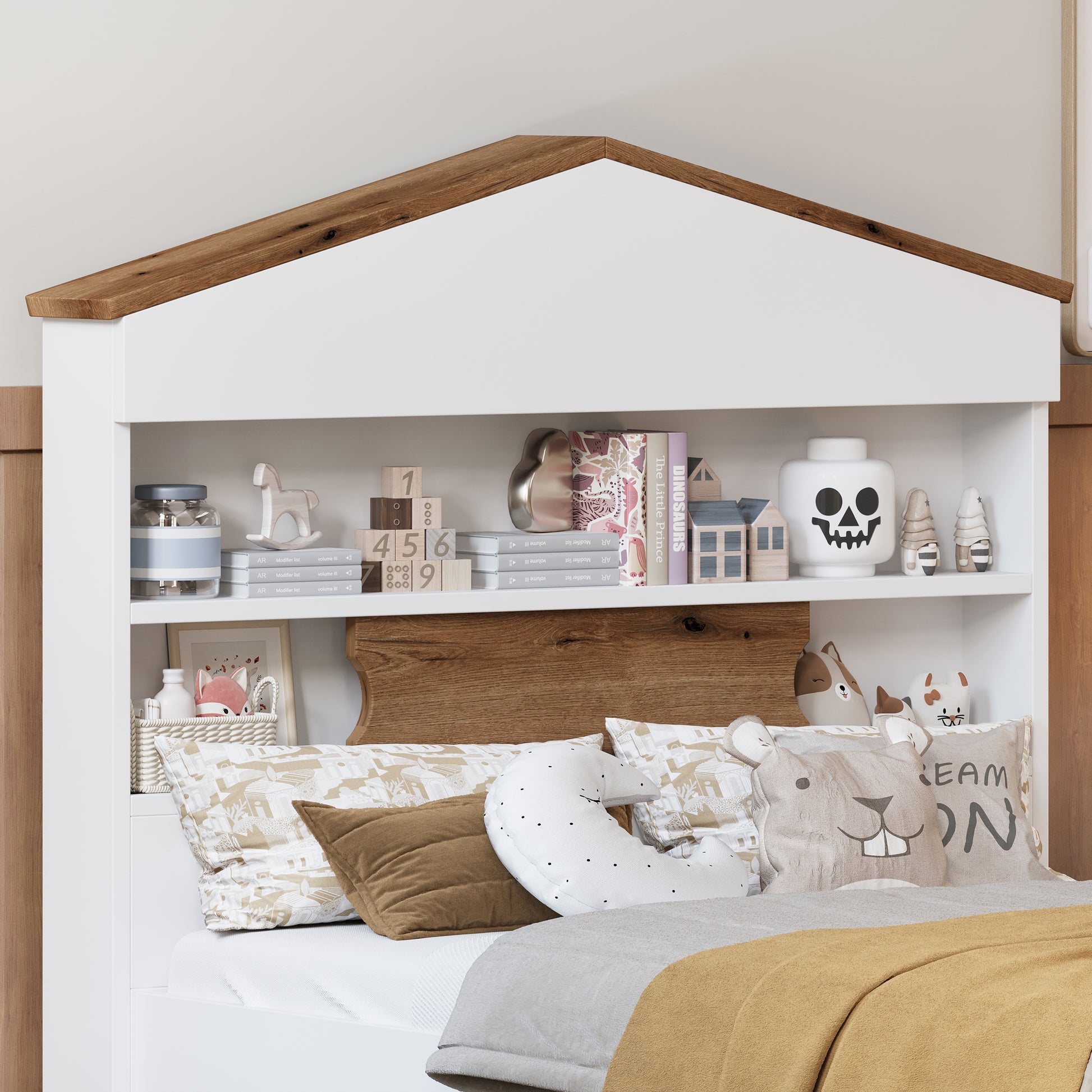 Twin Size House Shaped Wooden Bed With Storage Shelf On The Headboard, Built In Two Storage Drawers, Brown Brown White Wood