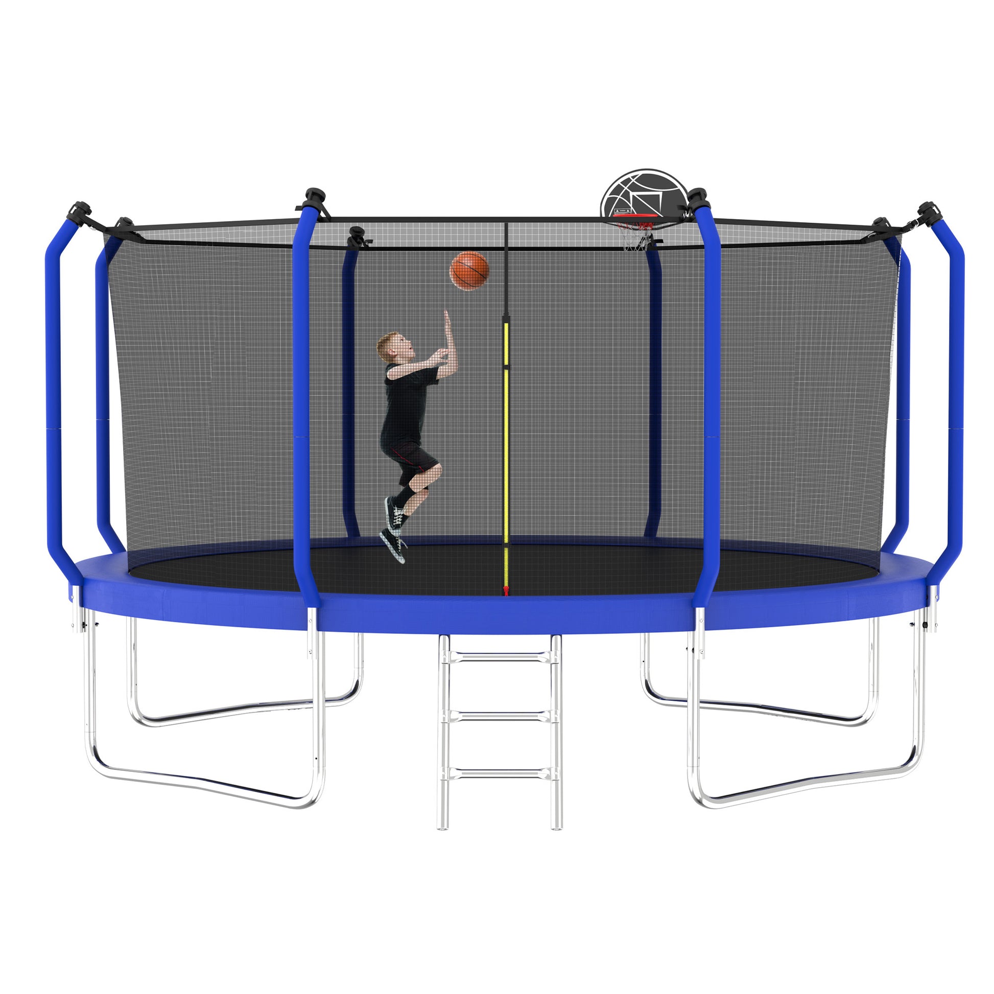 14Ft Trampoline With Basketball Hoop, Astm Approved Reinforced Type Outdoor Trampoline With Enclosure Net Blue Steel