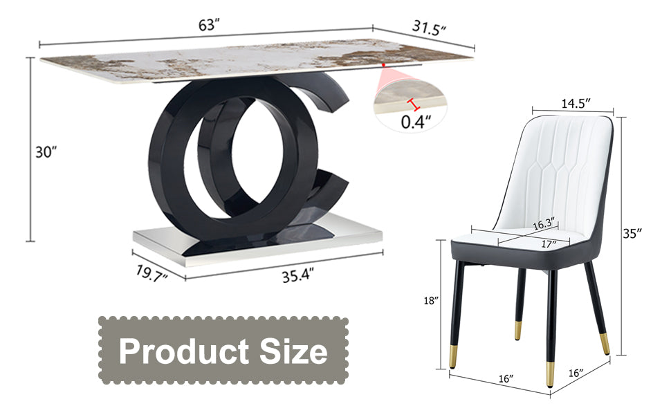 Table And Chair Set.63"X31.5" Marble Pattern Sintered Stone Table With Mdf Oc Shaped Bracket.Paired With 6 White And Dark Gray Spliced Chairs With Pu Cushions And Black Metal Legs. Dark Gray,White