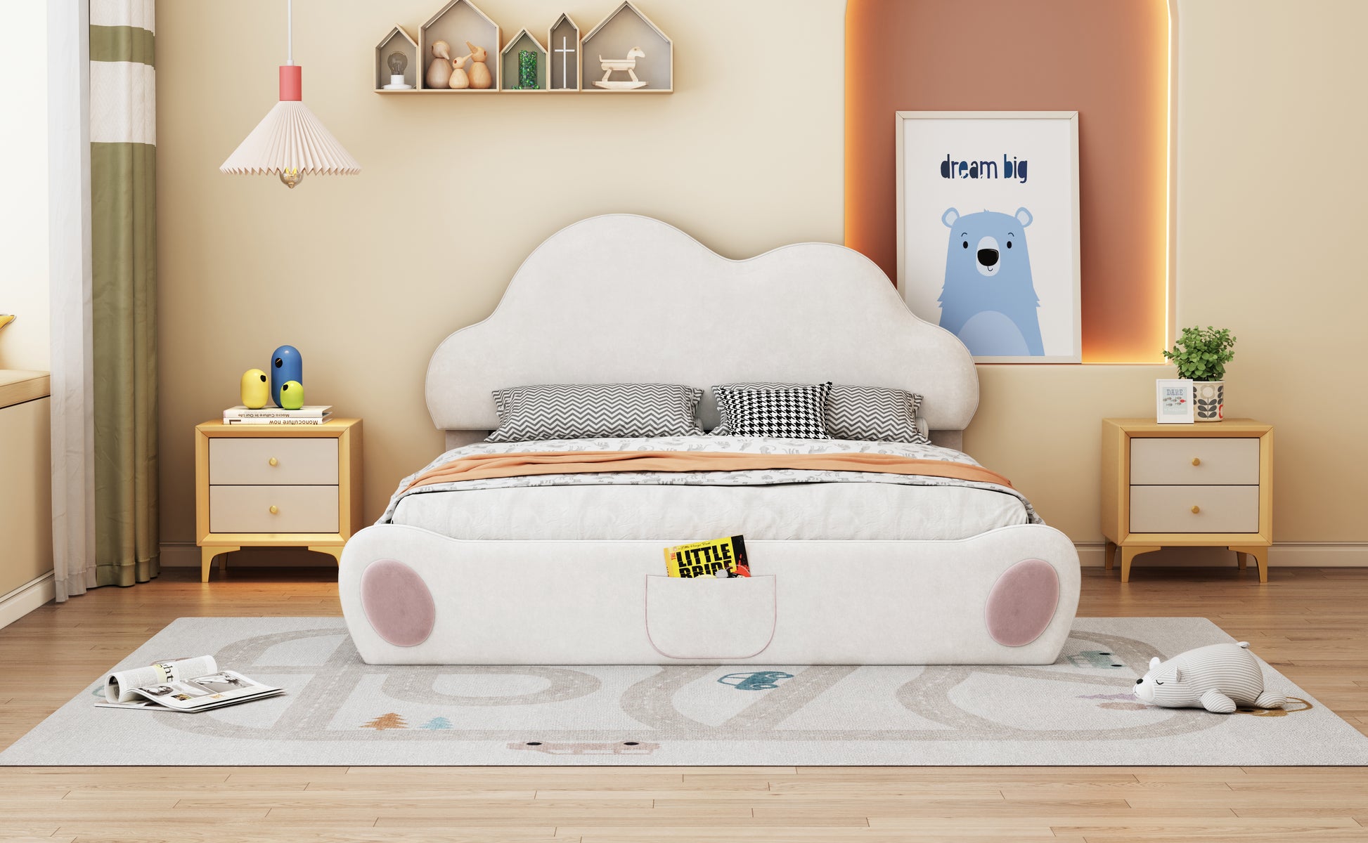 Queen Size Cloud Shaped Headboard Upholstered Platform Bed With Rounded Footboard And Pocket, Beige Queen Beige Velvet