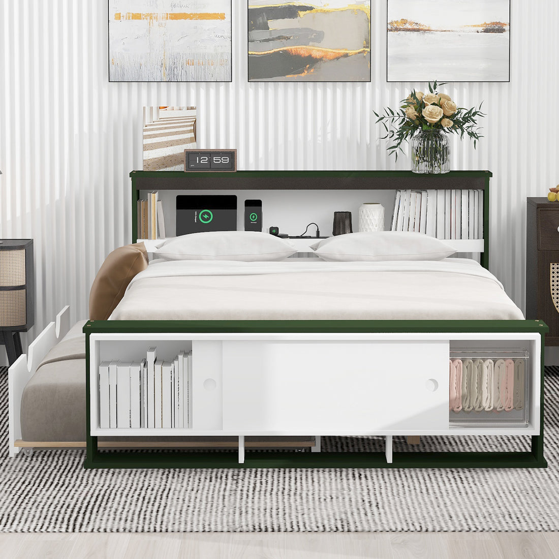 Full Size Platform Bed With Trundle,Storage Headboard And Footboard, Usb Charging Design,White Green Full White Green Solid Wood Mdf