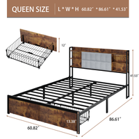 Queen Size Bed Frame With 2 Storage Drawers And Led Lights Headboard, Upholstered King Bed Frame With Charging Station, No Box Spring Needed, Easy Assembly Box Spring Not Required Queen Dark Brown