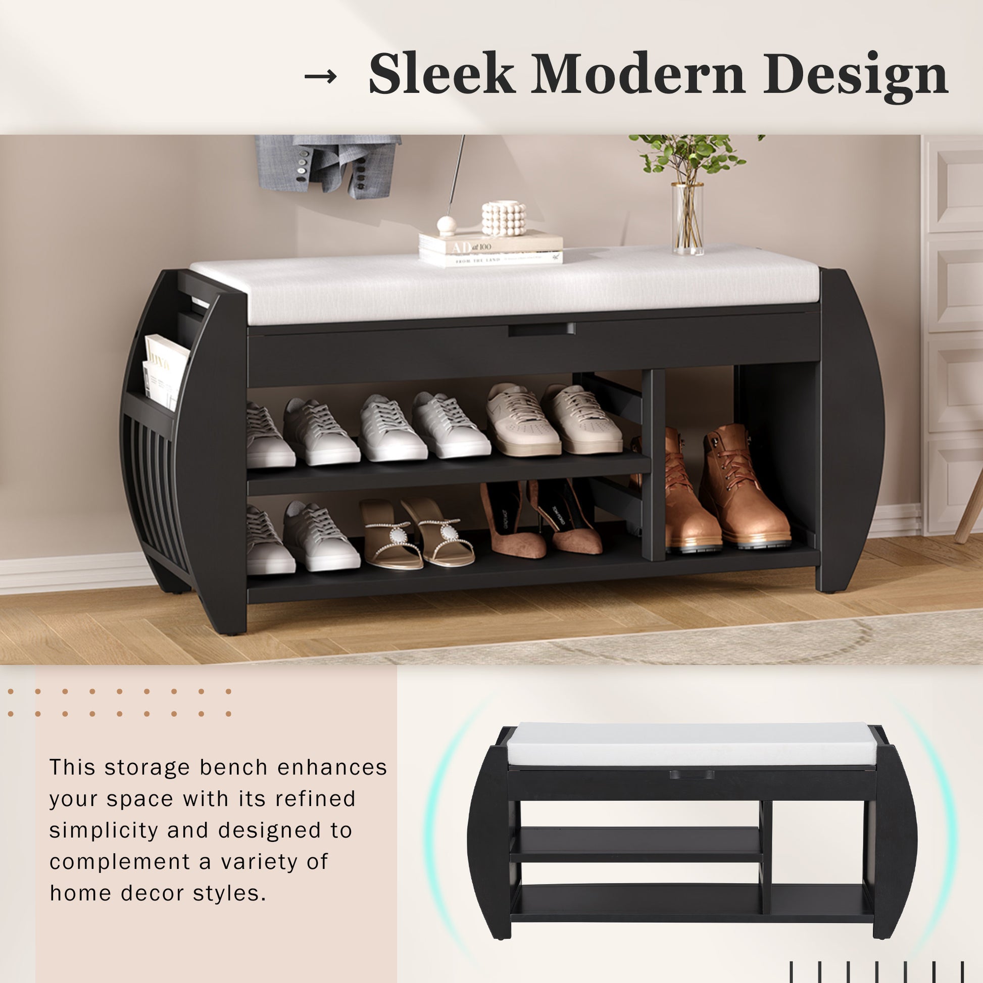 Retro Multifunctional Storage Bench With Cushion And Curved Side Panel For Entrance And Living Room Black Black Mdf