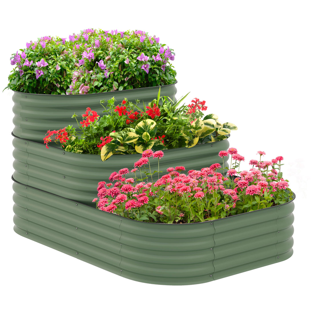 Outsunny 3 Tier Galvanized Steel Raised Garden Bed Kit, 62.25" X 43" X 32.25", 3 Combining Planter Boxes With Rubber Strip Edging, Open Bottom For Backyard, Garden, Patio, Green Green Zinc