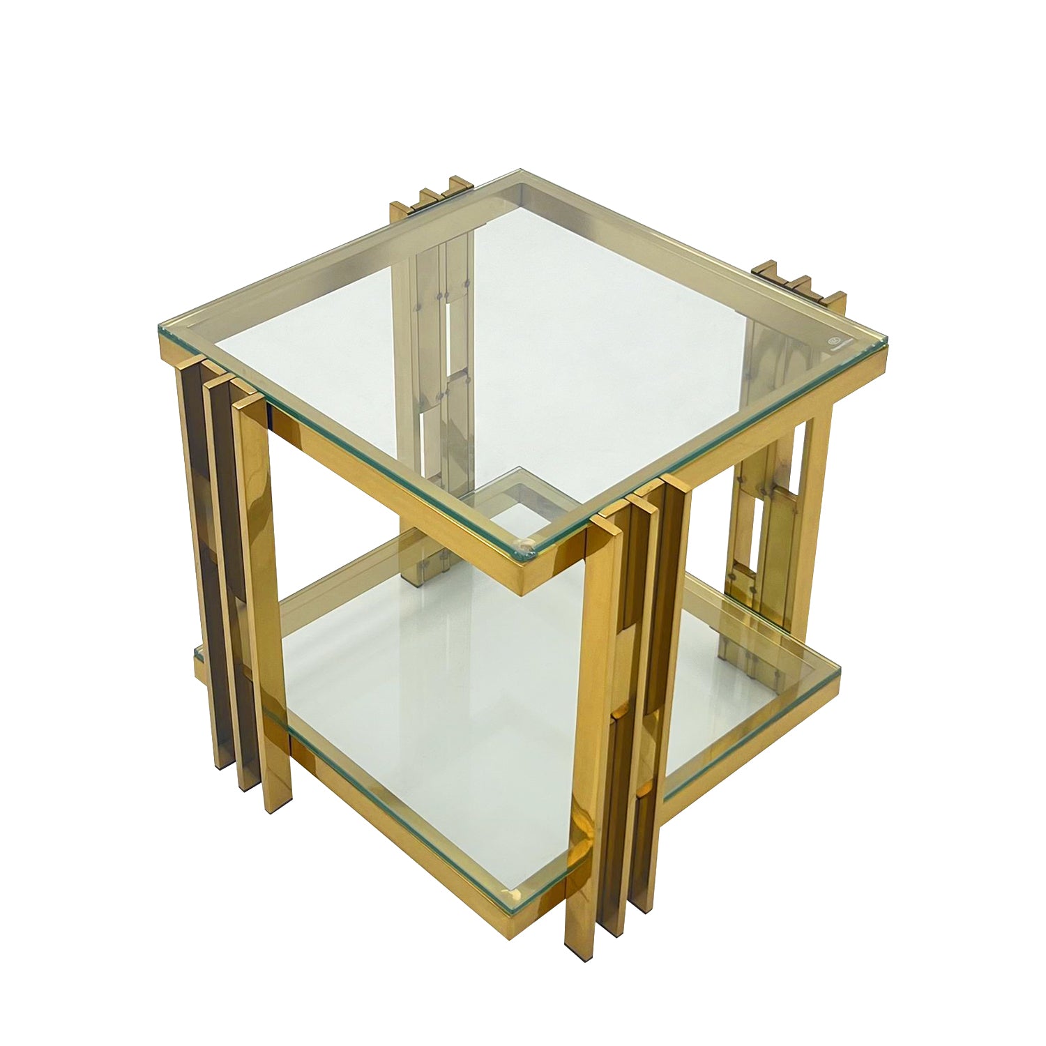 Golden Stainless Steel End Table, Double Layer, Clear Tempered Glass End Table, For Bed Room, Living Room Clear,Gold Modern Open Storage Rectangular Stainless Steel,Tempered Glass