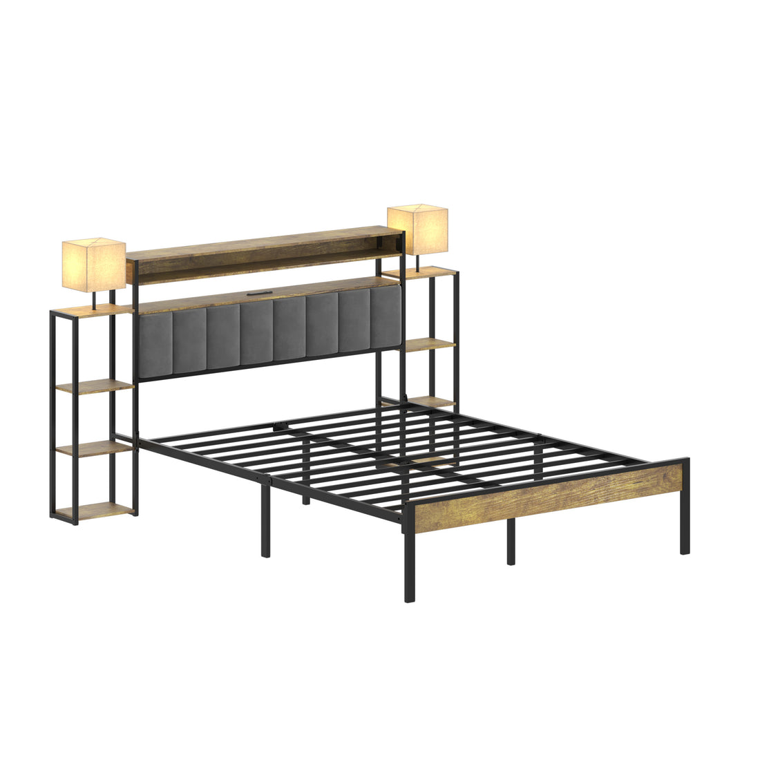 Queen Bed Frame With Storage, Platform Bed Queen Size With Led Lights And Charging Station, Dark Gray Velvet Headboard With Bookcase Shelves, No Box Spring Needed, Noise Free Box Spring Not Required