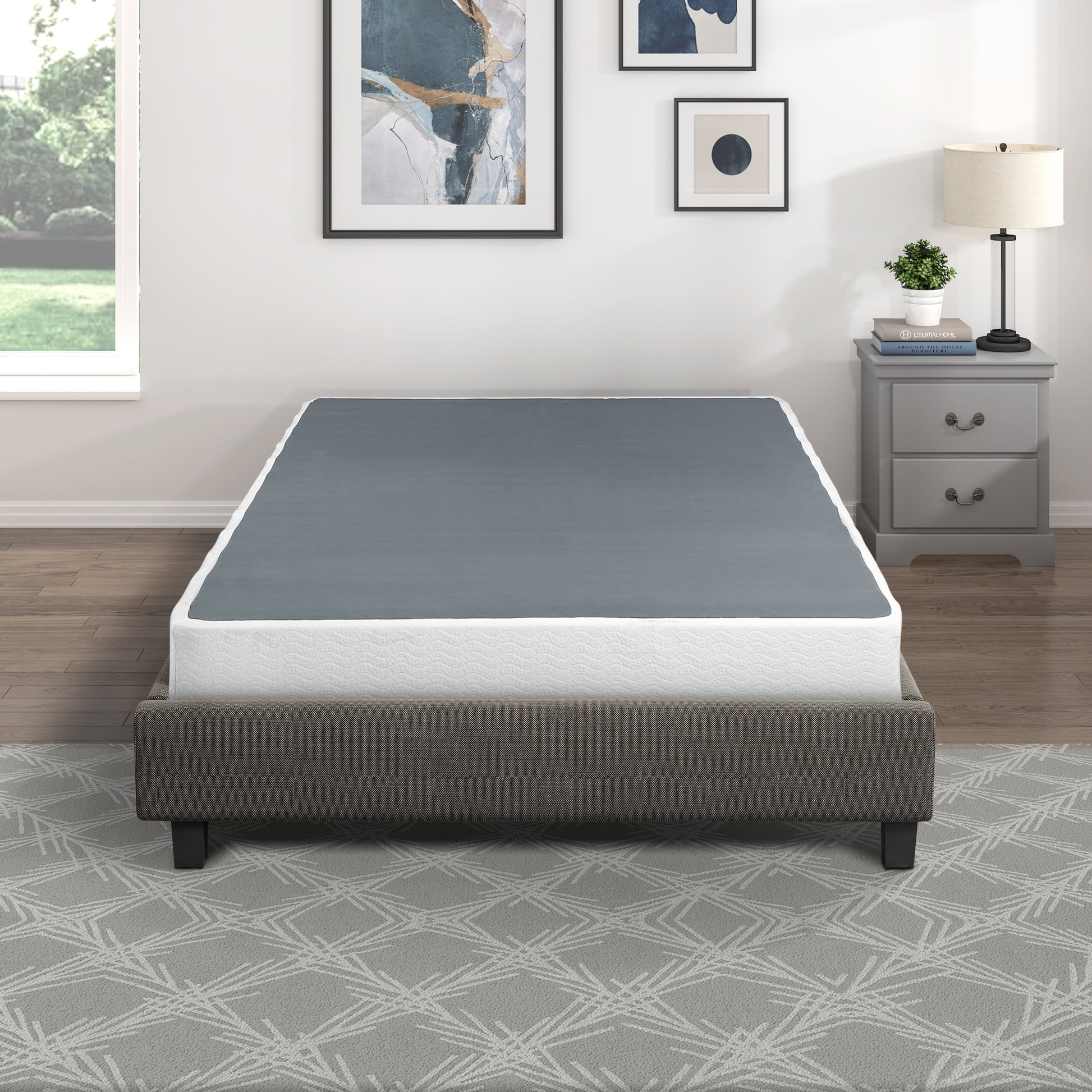 Full Mattress Foundation 1Pc Black Metal Frame With Textured Fabric Cover Full Black Bedroom Metal