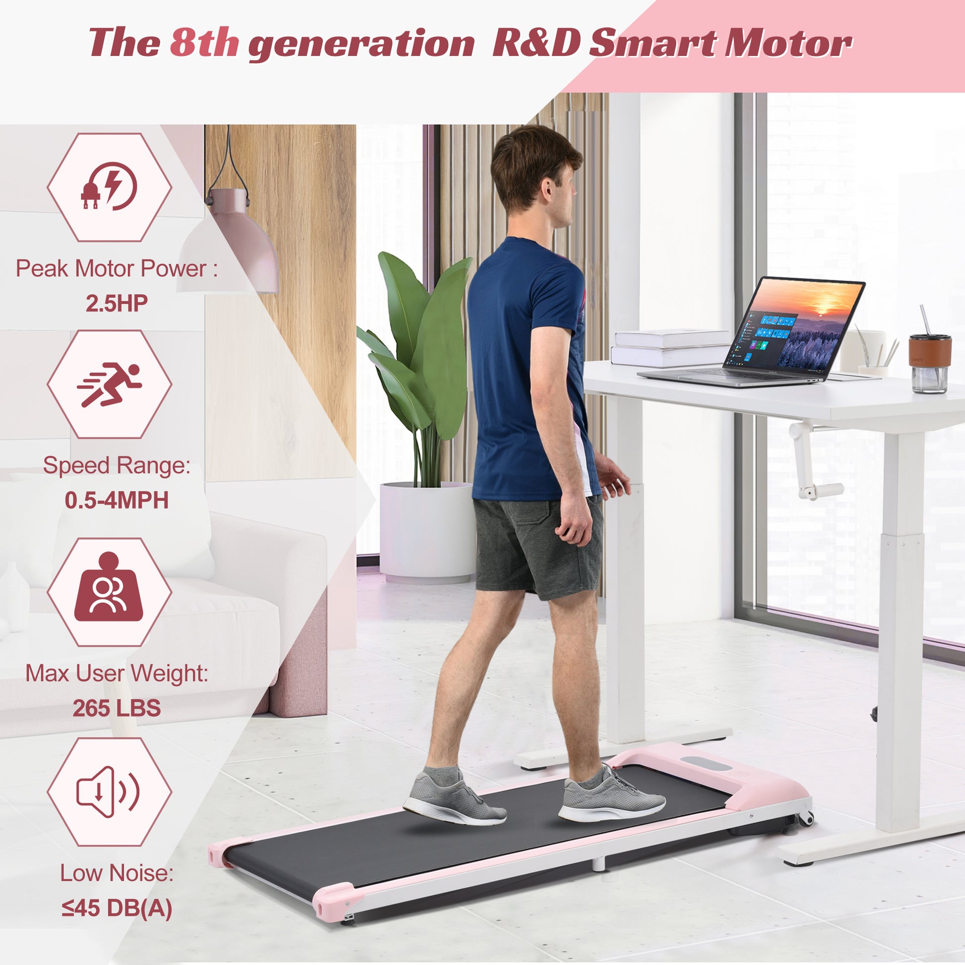 2 In 1 Under Desk Electric Treadmill 2.5Hp, Remote Control, Display, Walking Jogging Running Machine Fitness Equipment For Home Gym Office Pink Metal