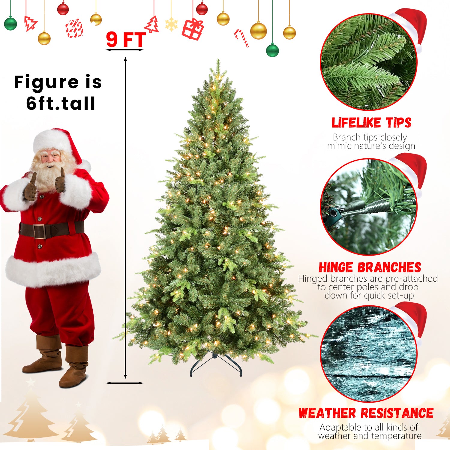 9Ft Artificial Christmas Tree With 3509 Pe&Pvc Mixed Branch Tips, Prelit Hinged Premium Spruce Fake Xmas Trees, Hinged Branch & Foldable Base, Green Green Polyethylene