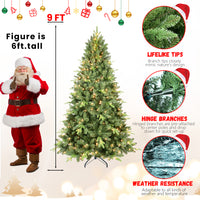 9Ft Artificial Christmas Tree With 3509 Pe&Pvc Mixed Branch Tips, Prelit Hinged Premium Spruce Fake Xmas Trees, Hinged Branch & Foldable Base, Green Green Polyethylene