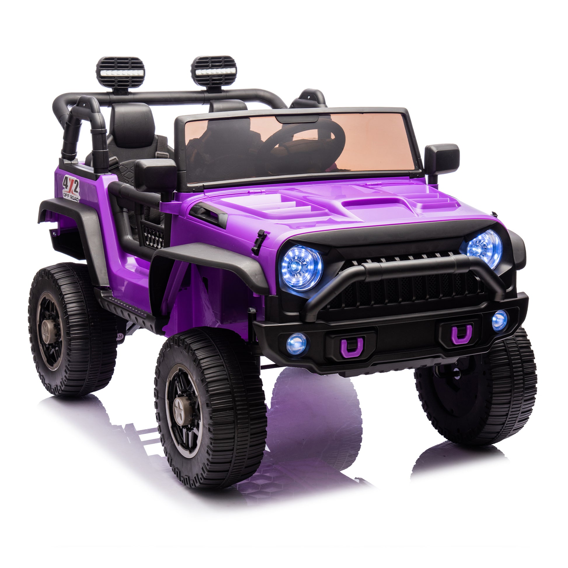 24V Two Seater Kids Ride On Truck Car W Parents Control,200W*2,Seat Width 20.28In,Four Wheel Suspension,Led Lights,Music,Mp3,Bluetooth,Two Independent Seat Belts,Suitable For Off Road For Kids Aged 3 Purple 100 149 Lbs Polypropylene