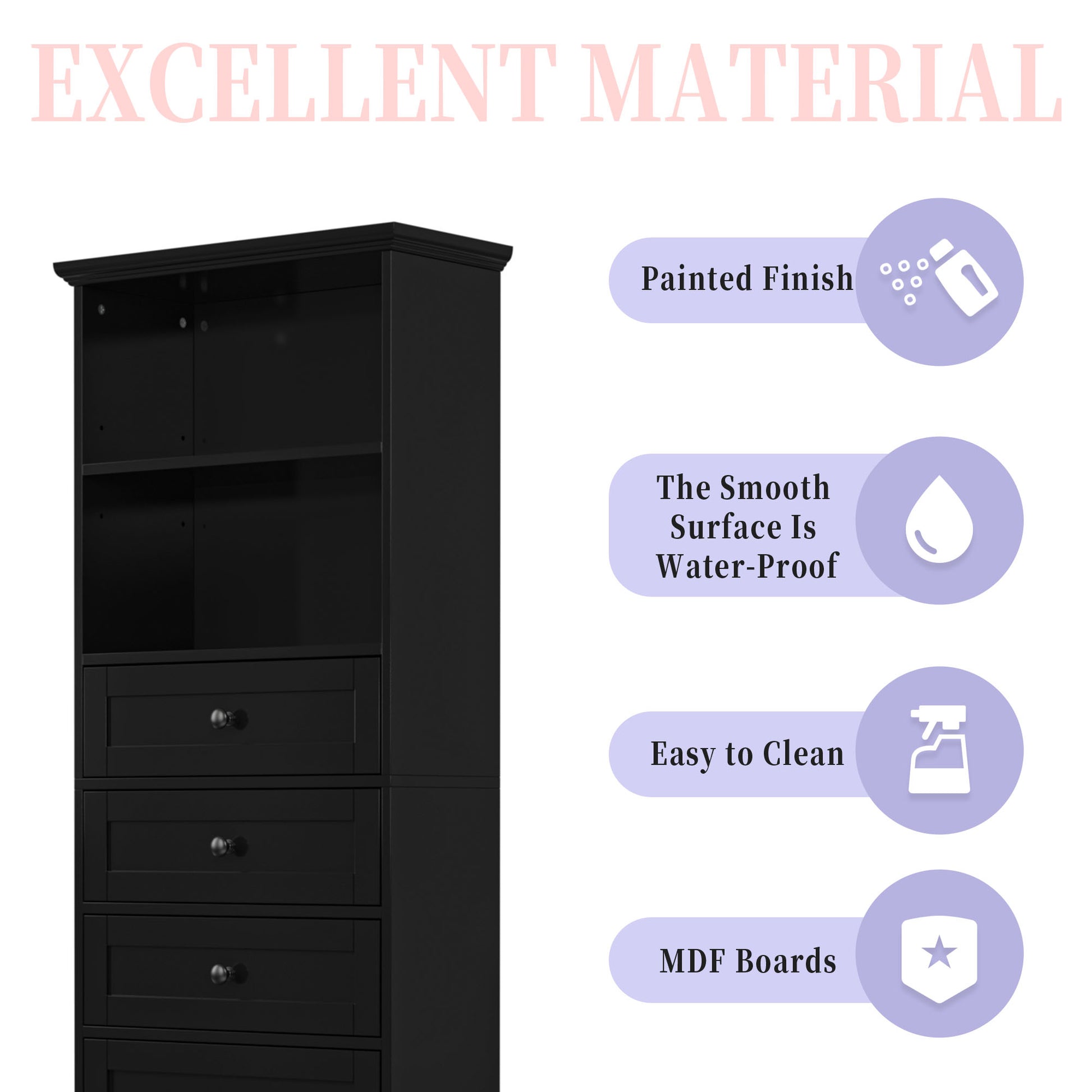 Black Tall Storage Cabinet With 3 Drawers And Adjustable Shelves For Bathroom, Study, Office And Interior, Mdf Board With Painted Finish Black Mdf