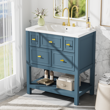 30'' Bathroom Vanity With Resin Sink Combo, Free Standing Single Vanity Set With 5 Drawers, Solid Wood Frame Bathroom Storage Cabinet, Blue 4 Blue 1 Bathroom Freestanding Modern Solid Wood Mdf Resin Painted