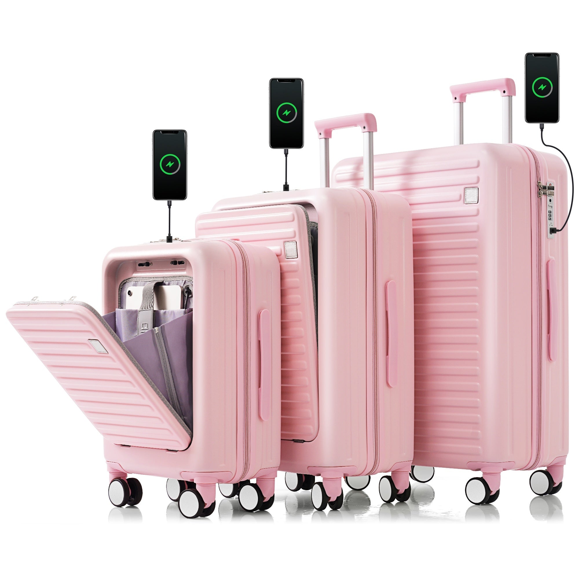 Luggage Set Of 3, 20, 24, 28Inch With Usb Port, 20, 24Inch With Front Opening Design Airline Certified Carry On Luggage With Cup Holder, Abs Hard Shell Luggage With Spinner Wheels, Pink Pink Abs