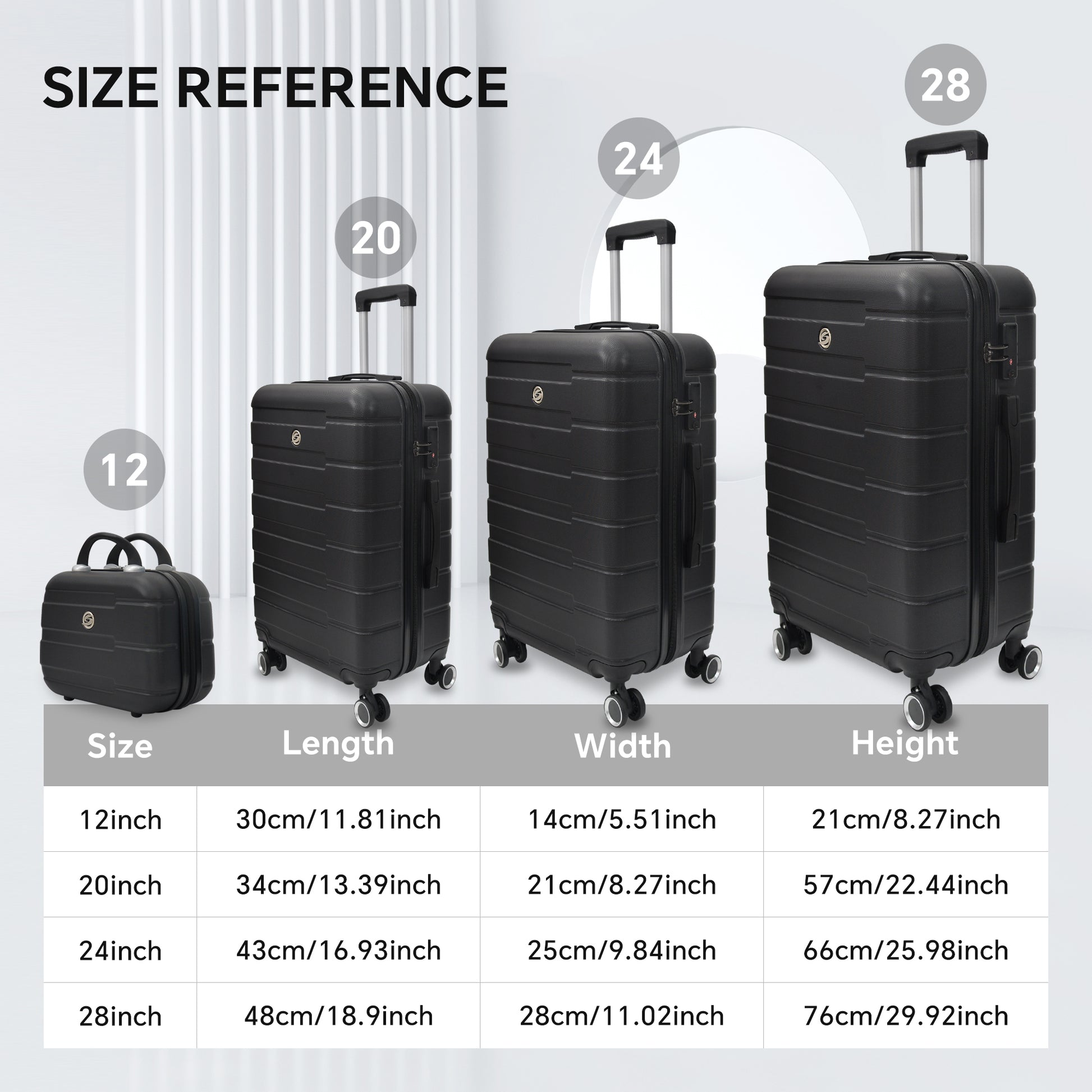 Luggage 4 Piece Set With Spinner Wheels, Hardshell Lightweight Suitcase With Tsa Lock,Checked Luggage,Black 12 20 24 28In Black Abs