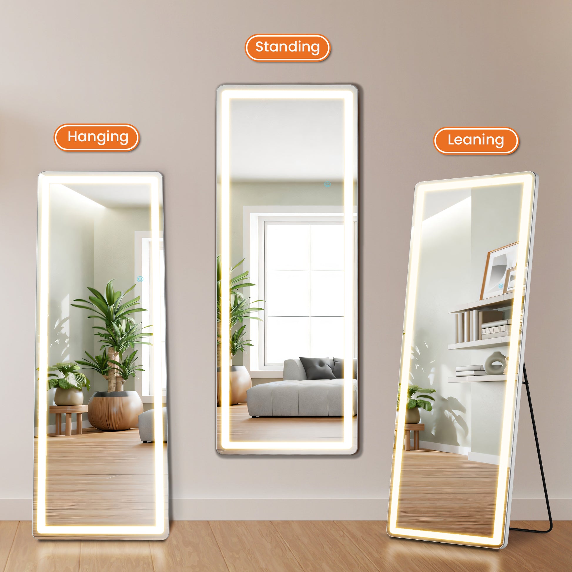 3 Color Lighting Mirror With Led Lights, 71"X26" Lighted Floor Standing Mirror With Stand Black Fiberglass