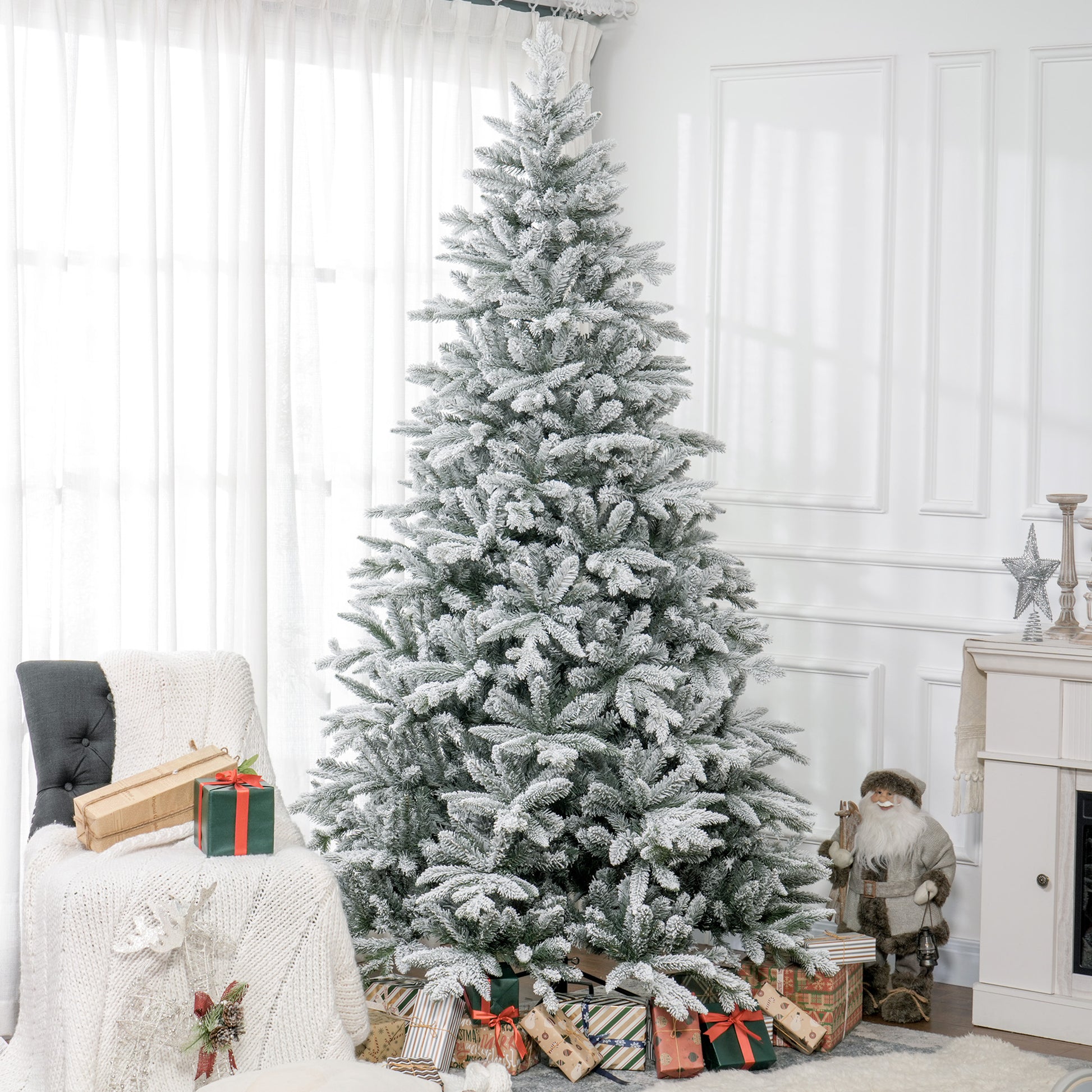 Homcom 8Ft Snow Flocked Artificial Christmas Tree With 2003 Tips, Foldable Metal Stand, Easy Assembly, Hinged Xmas Tree For Home, Office, Holiday, Green Green Plastic