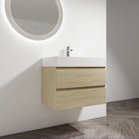 30" Wall Mounted Bathroom Vanity With Resin Sink, 2 Soft Close Drawers, Kd Package 2 Light Oak Bathroom Wall Mounted Modern Plywood