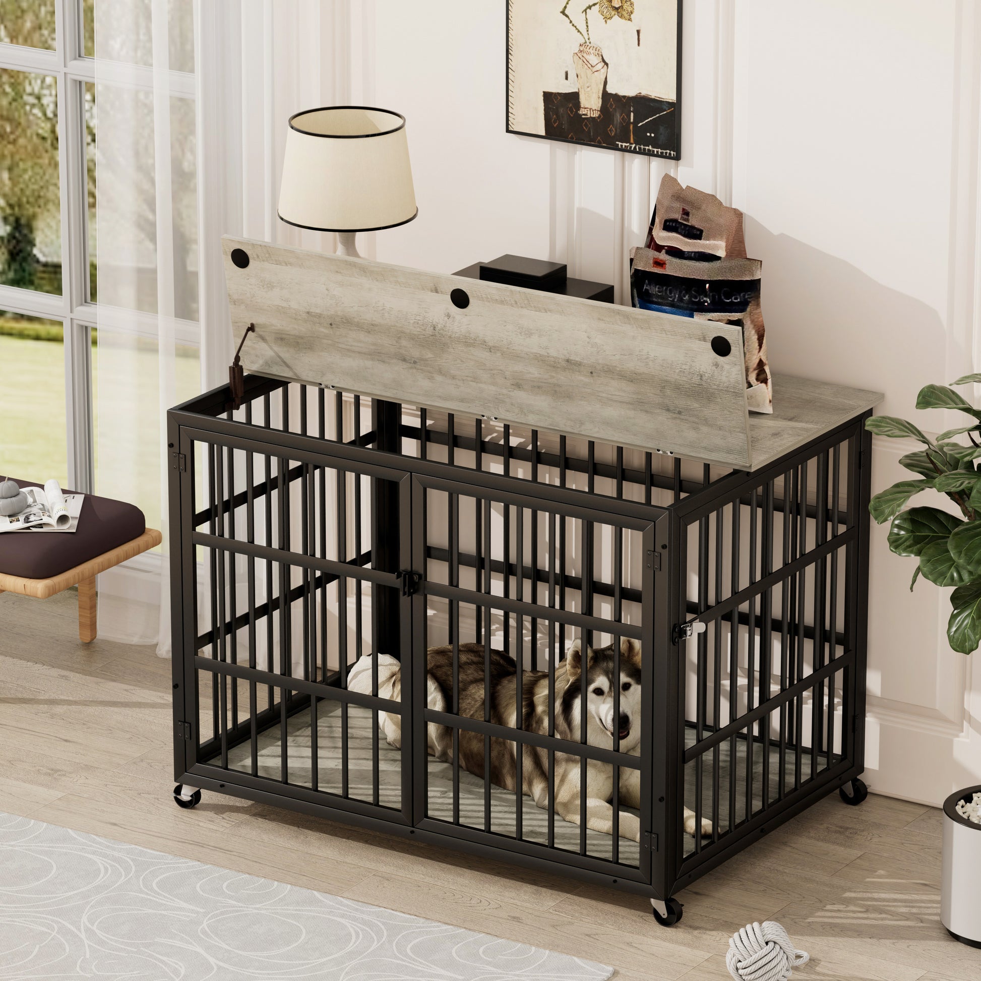 Furniture Style Dog Crate Wrought Iron Frame Door With Side Openings, Grey, 43.3''W X 29.9''D X 33.5''H. Grey Particle Board