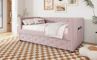 Twin Size Upholstered Velvet Tufted Daybed With Trundle, Pink Box Spring Not Required Twin Pink Wood Daybeds Velvet Solid Wood Mdf,Velvet