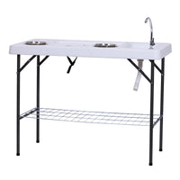 Outsunny Folding Fish Cleaning Table With Sink, Portable Camping Table With Faucet Drainage Hose, Grid Rack And Fish Cleaning Kit For Picnic, Fishing, 50" White Metal