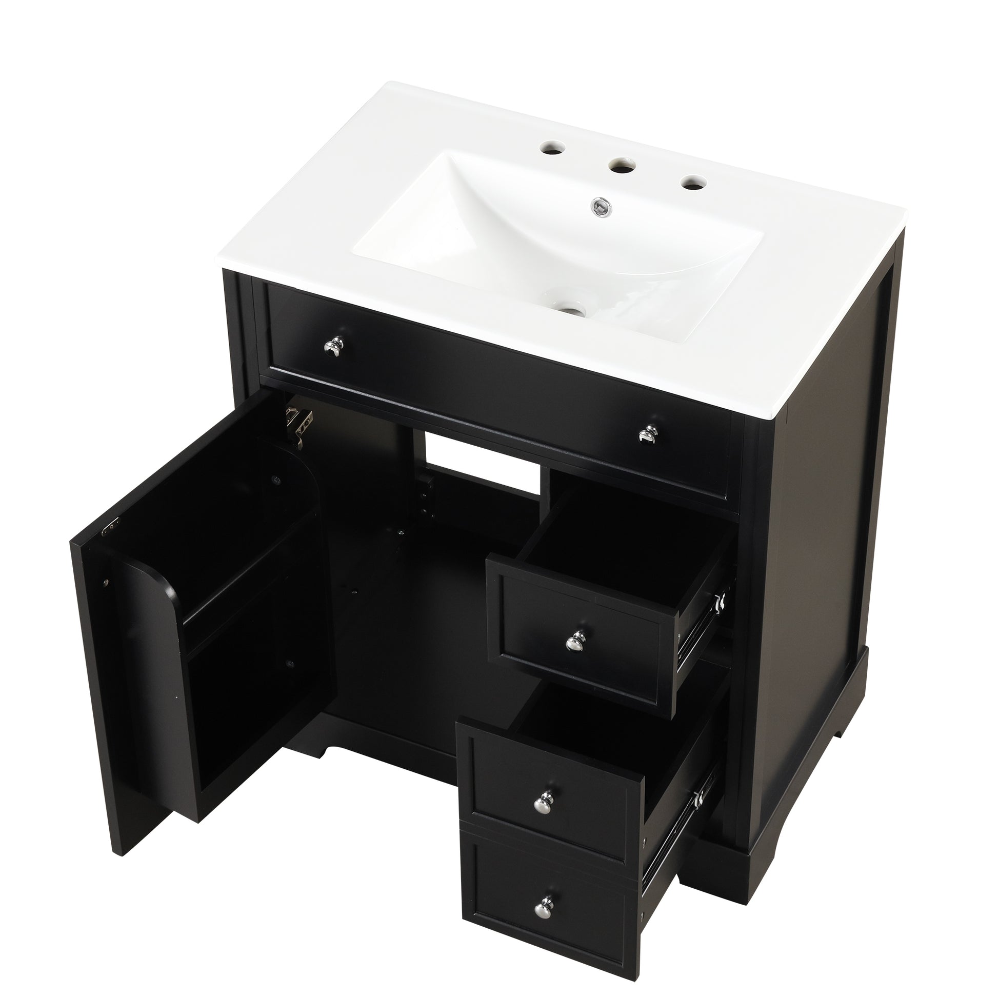 30" Bathroom Vanity With Sink Top, Bathroom Vanity Cabinet With Door And Two Drawers, Mdf Boards, Solid Wood, One Package, Black Black Solid Wood Mdf