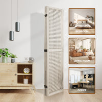 4 Panel Room Divider, 5.6Ft Pegboard Display Wooden Room Divider Folding Privacy Screen Room Divider Freestanding Peg Board Display For Trade Show Craft Show Home Wall Organizer, Natural Wood Natural Wood Rustic Wood