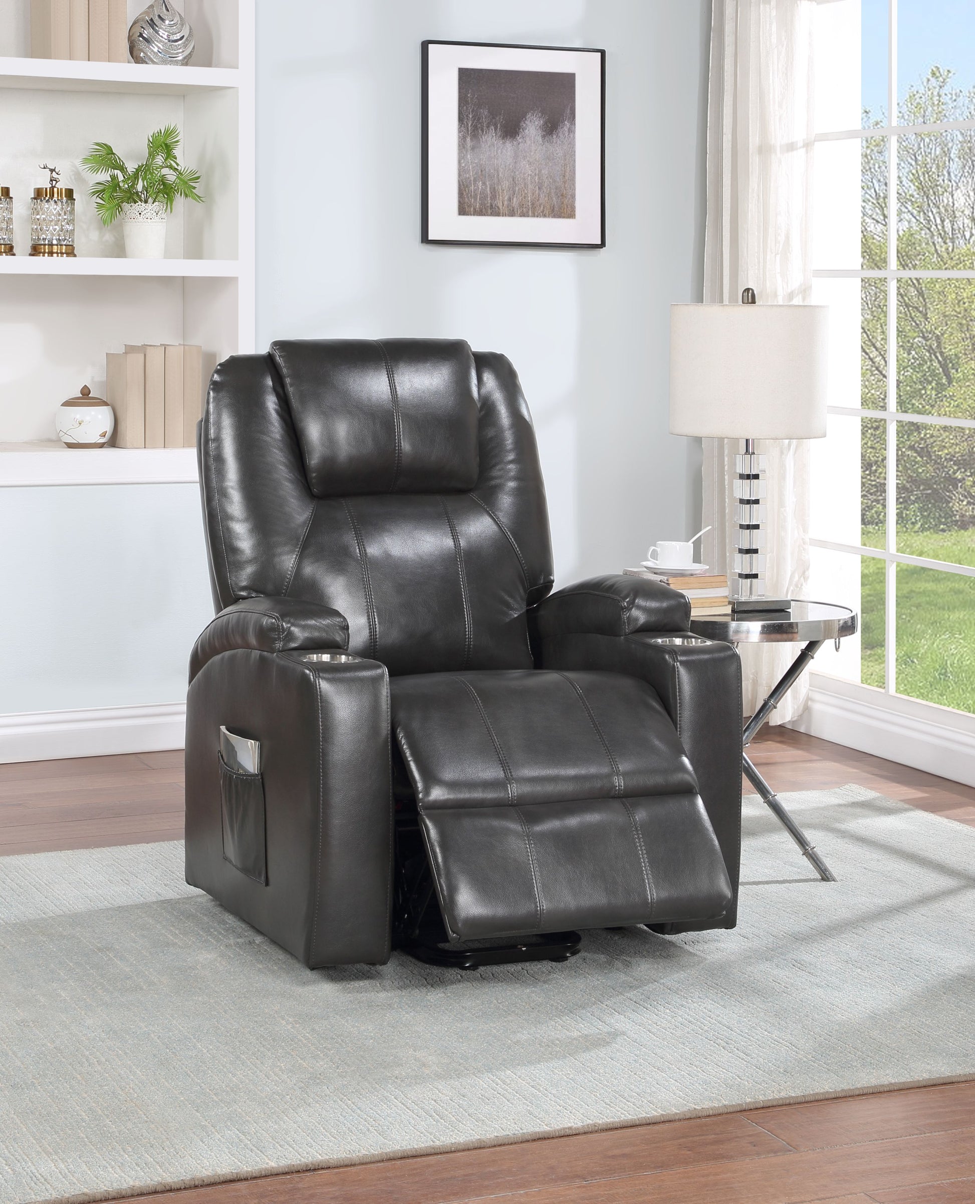 Evander Recliner W Power Lift, Gunmetal Leather Aire Lv02182 Black Leather