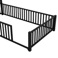 Twin Size Metal House Platform Bed With Guardrail And Chimney, Black Box Spring Not Required Twin Black Metal Metal