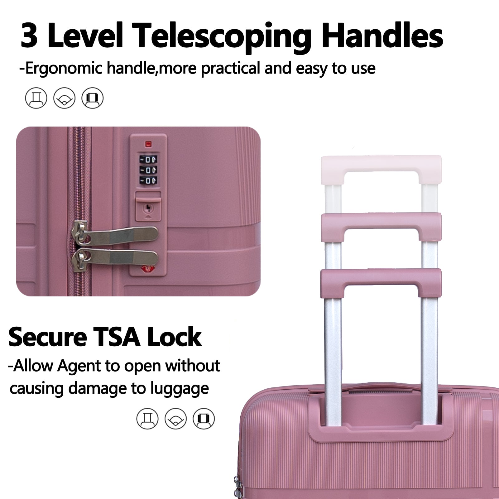 3 Piece Luggage Sets Pp Lightweight Suitcase With Two Hooks, Spinner Wheels, 20 24 28 2307 Rose Gold Abs