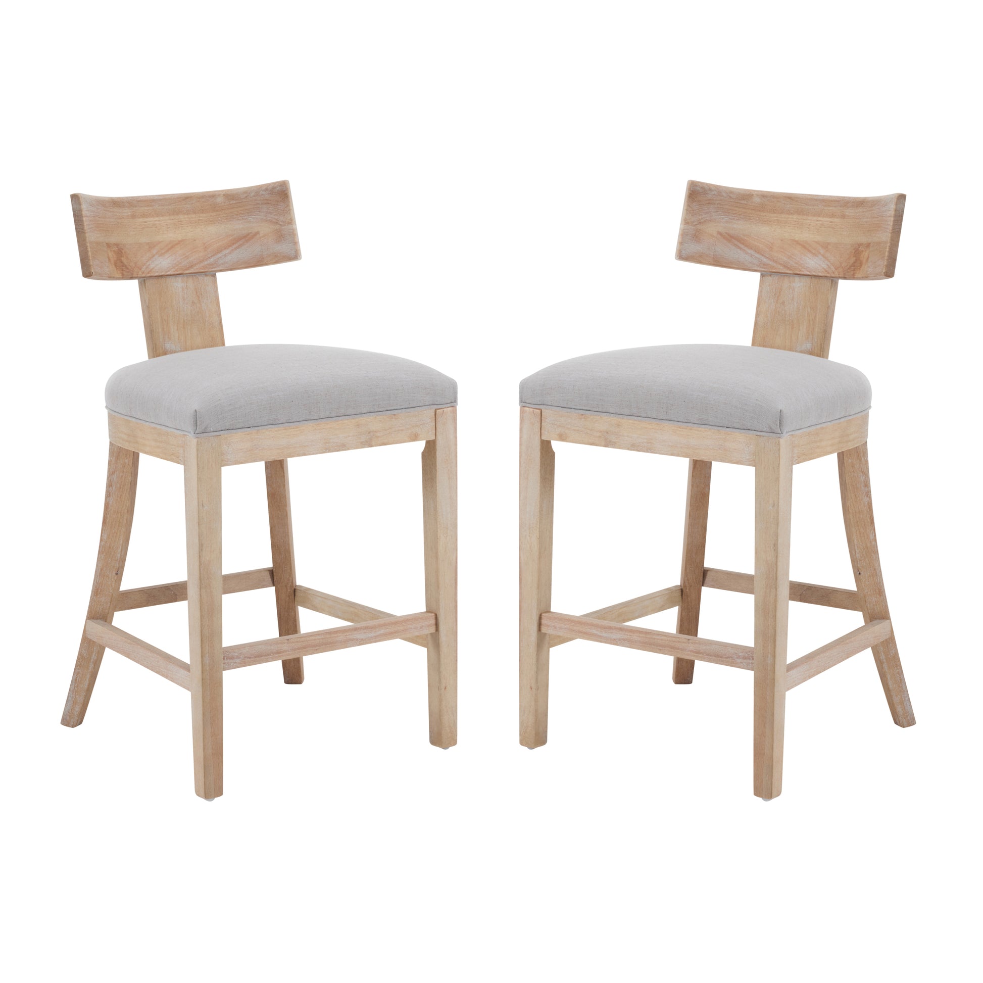 27" Counter Stools Set Of 2, Upholstered Counter Height Bar Stools With Solid Rubber Wood Frame, Backrest, Footrest, Armless Barstools For Home Bar, Kitchen Counter, Pebble Linen & Natural Natural Rubberwood Set Of 2 Fabric