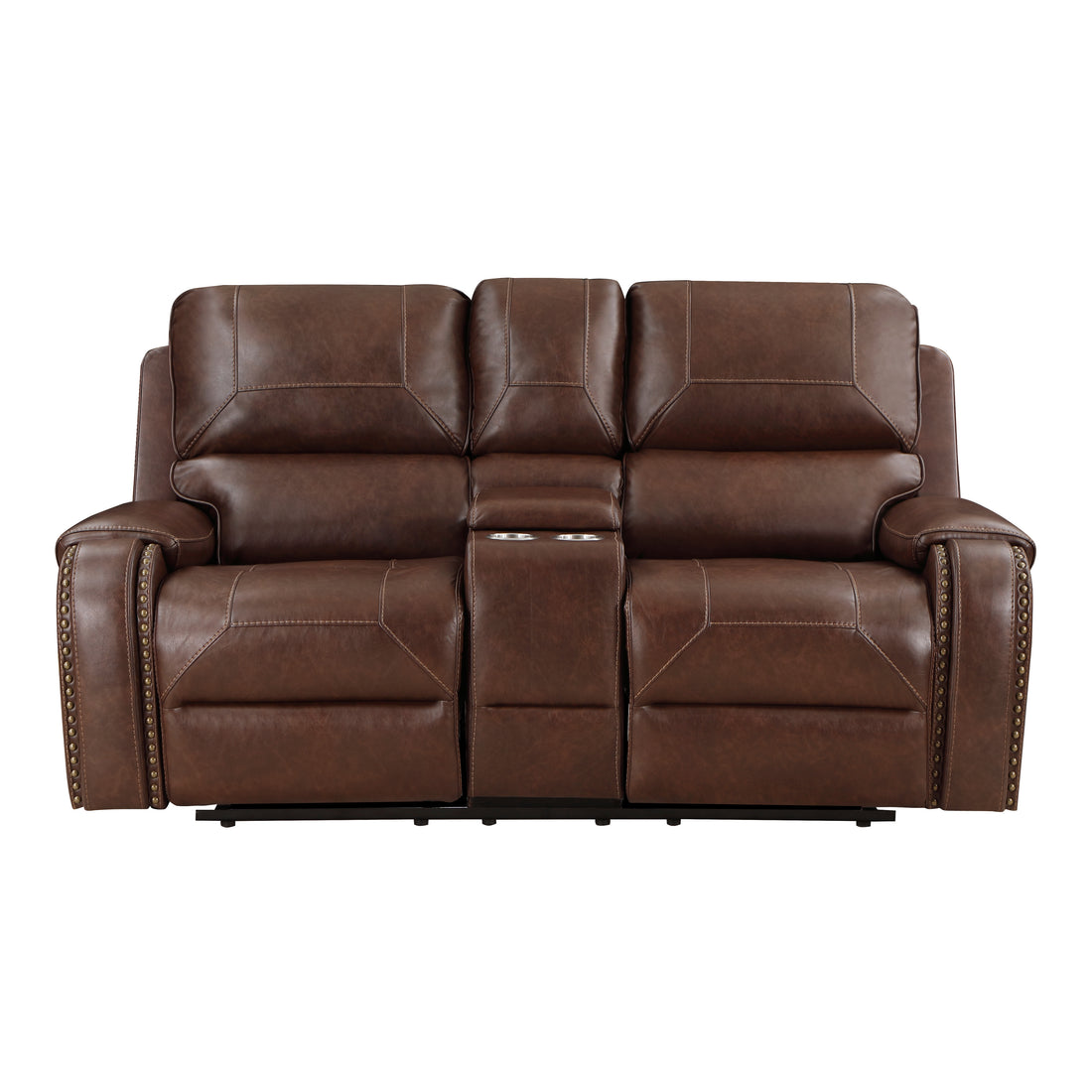 Double Glider Reclining Brown Beautiful Seat With Center Console, Receptacles And Usb Ports,Faux Leather Upholstered Traditional Trim 1Pc Modern Living Room Furniture Brown Faux Leather Wood Primary Living Space Modern Plywood,Solid Wood