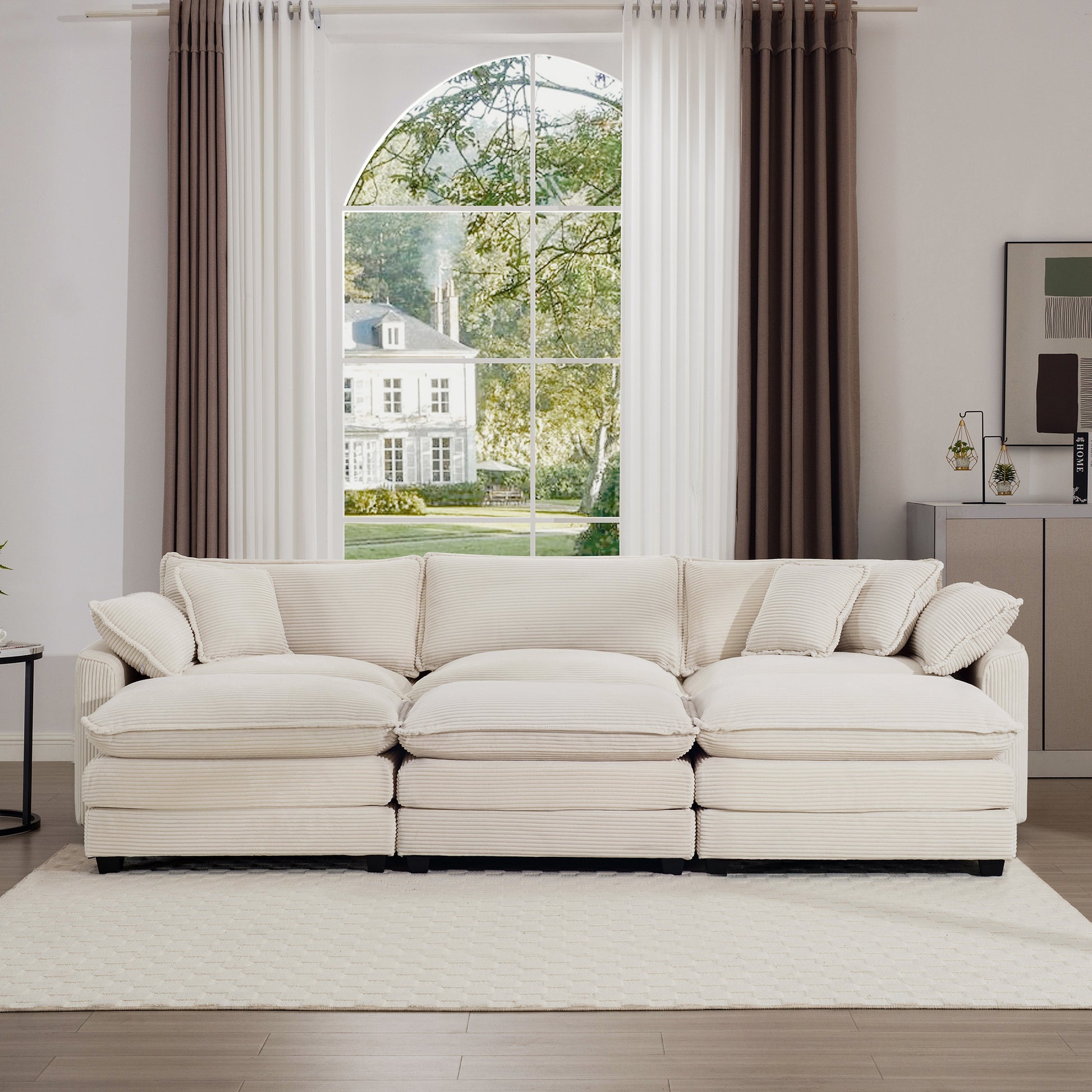 Oversized Modular Cushioned Sofa With 3 Ottomans, Modular Sofa Set To Work As Sleeper Sofa Bed6 Piece Sofa Set With One 3 Seater Sofa And Three Ottomans, Light Beige Corduroy Beige Corduroy 3 Seat