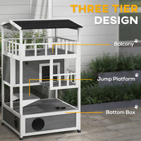 Pawhut Wooden Outdoor Cat House, Feral Cat Shelter Kitten Condo With Asphalt Roof, Escape Doors, Condo, Jumping Platform, Light Gray Light Gray Wood