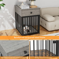 Dog Crate Furniture, Dog House, Decorative Dog Kennel With Drawer, Indoor Pet Crate End Table For Small Dog, Iron Tube Dog Cage, Chew Proof Gray Mdf