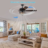 Modern Design Living Room 52 Inch Decorative Crystal Chandelier Ceiling Fan With Light Matt Black American Design,American Traditional,Antique,Classic Plywood Iron