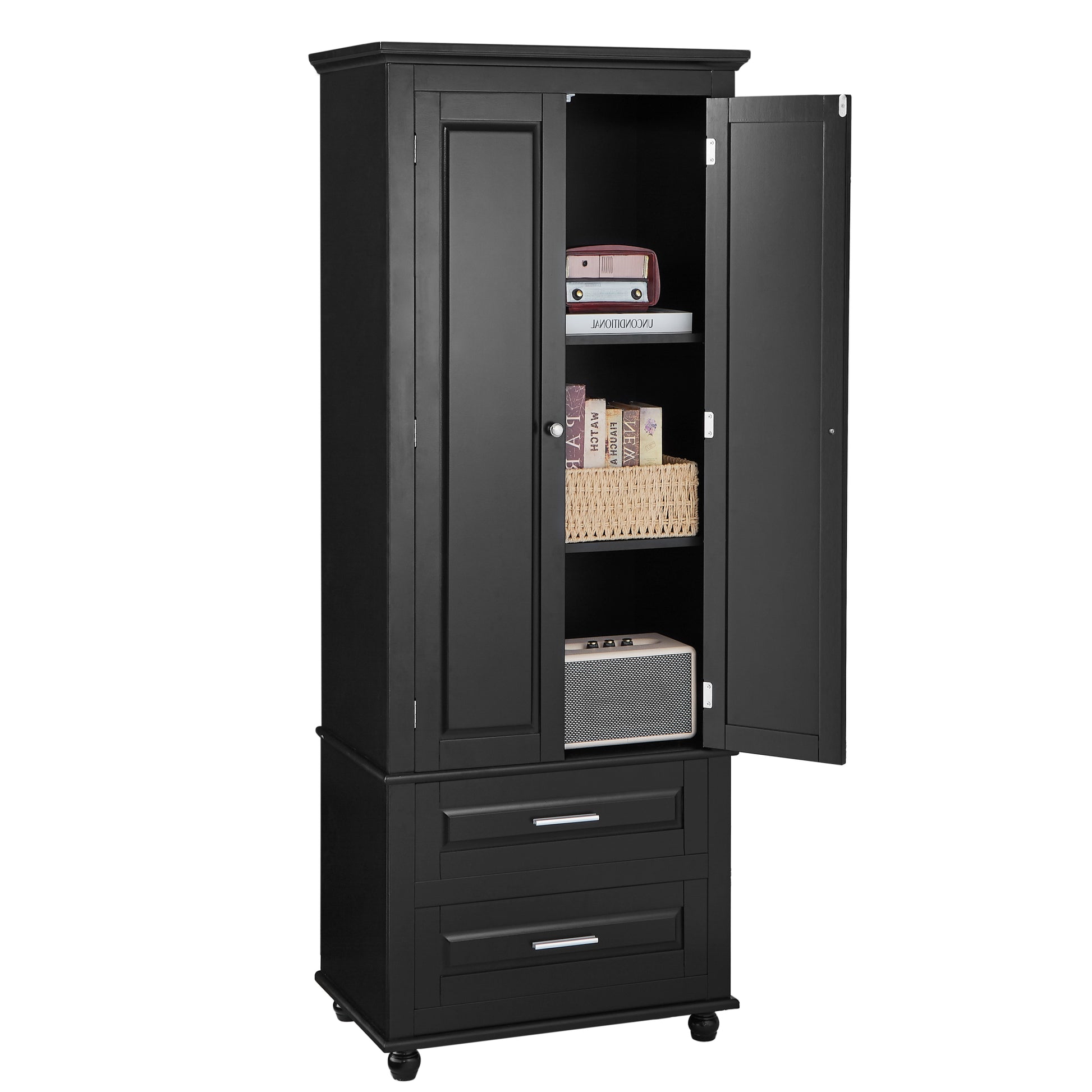 Tall Storage Cabinet With Two Drawers For Bathroom Office, Black Black Mdf