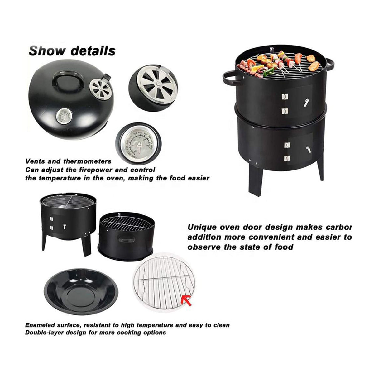 Outdoor Double Layer Grill, Charcoal Wood Fired Braising And Smoking Stove Black Garden & Outdoor American Traditional Steel