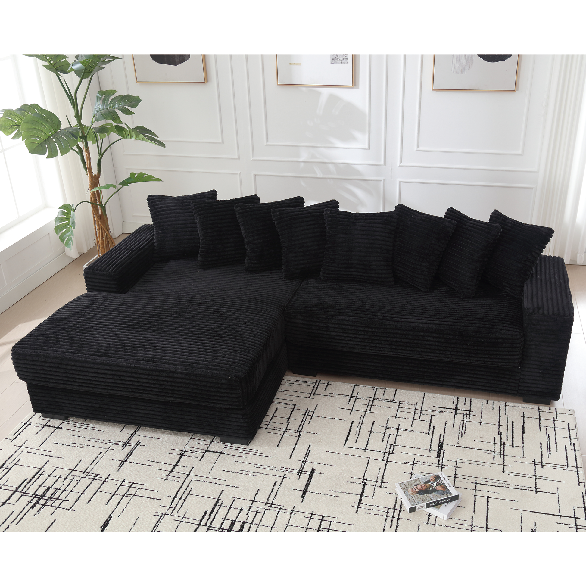 Arrived Oversized Two Piece Couches, L Shaped Sofa, Corduroy, Left Chaise Daybed,With Armrests,Eight Throw Pillows,Corner Sofa,Easy To Assemble, Black Black Polyester Wood Primary Living Space