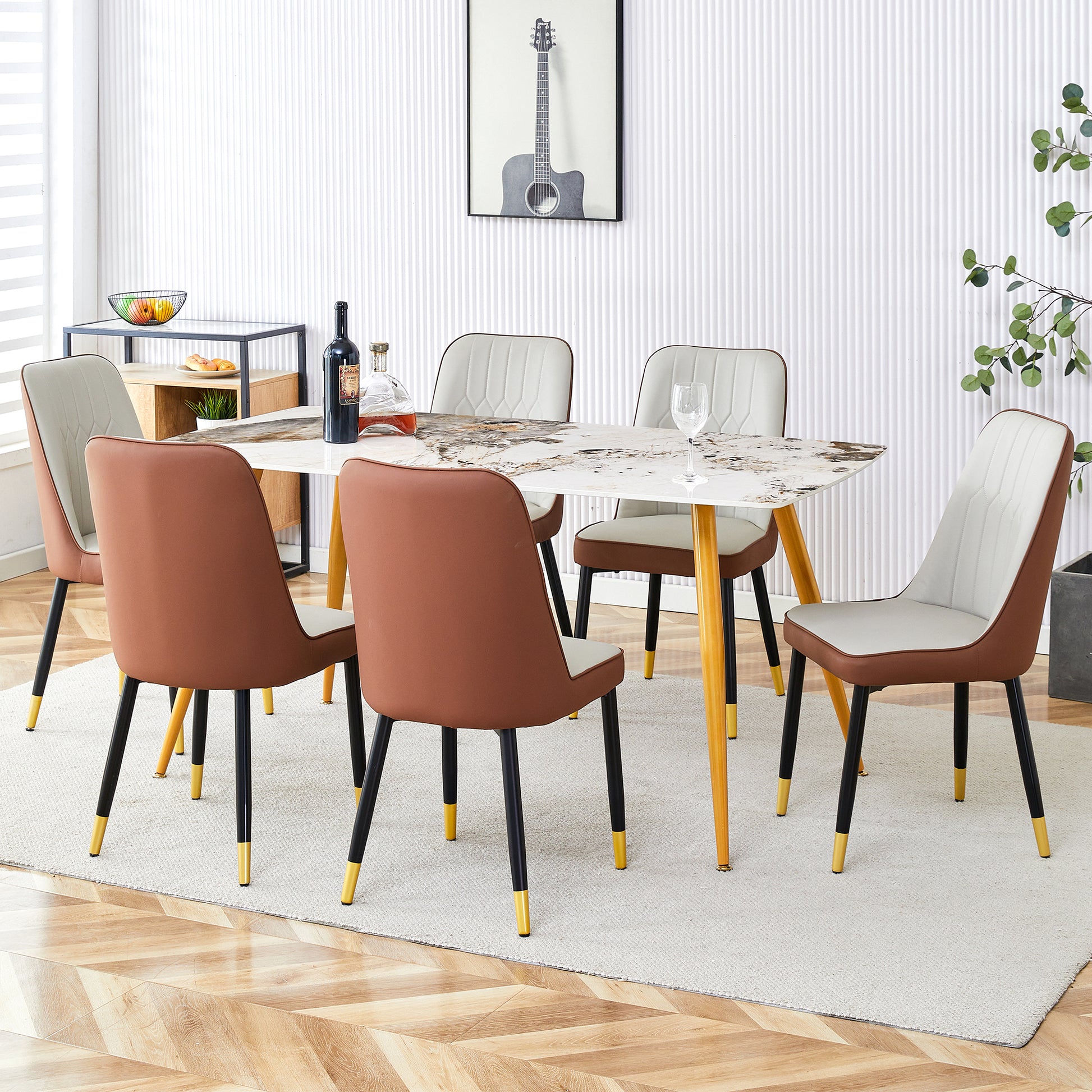 Table And Chair Set.Modern Minimalist Dining Table. White Imitation Marble Pattern Sintered Stone Desktop With Golden Metal Legs.Paried With 6 Comfortable Chairs With Pu Seats And Black Metal Legs.