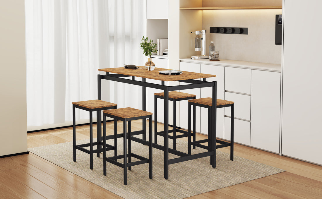 5 Piece Compact Bar Table Set With Table And Stools Modern Industrial Design, Space Saving Furniture For Dining Room And Breakfast Nook Brown Brown Mdf Steel