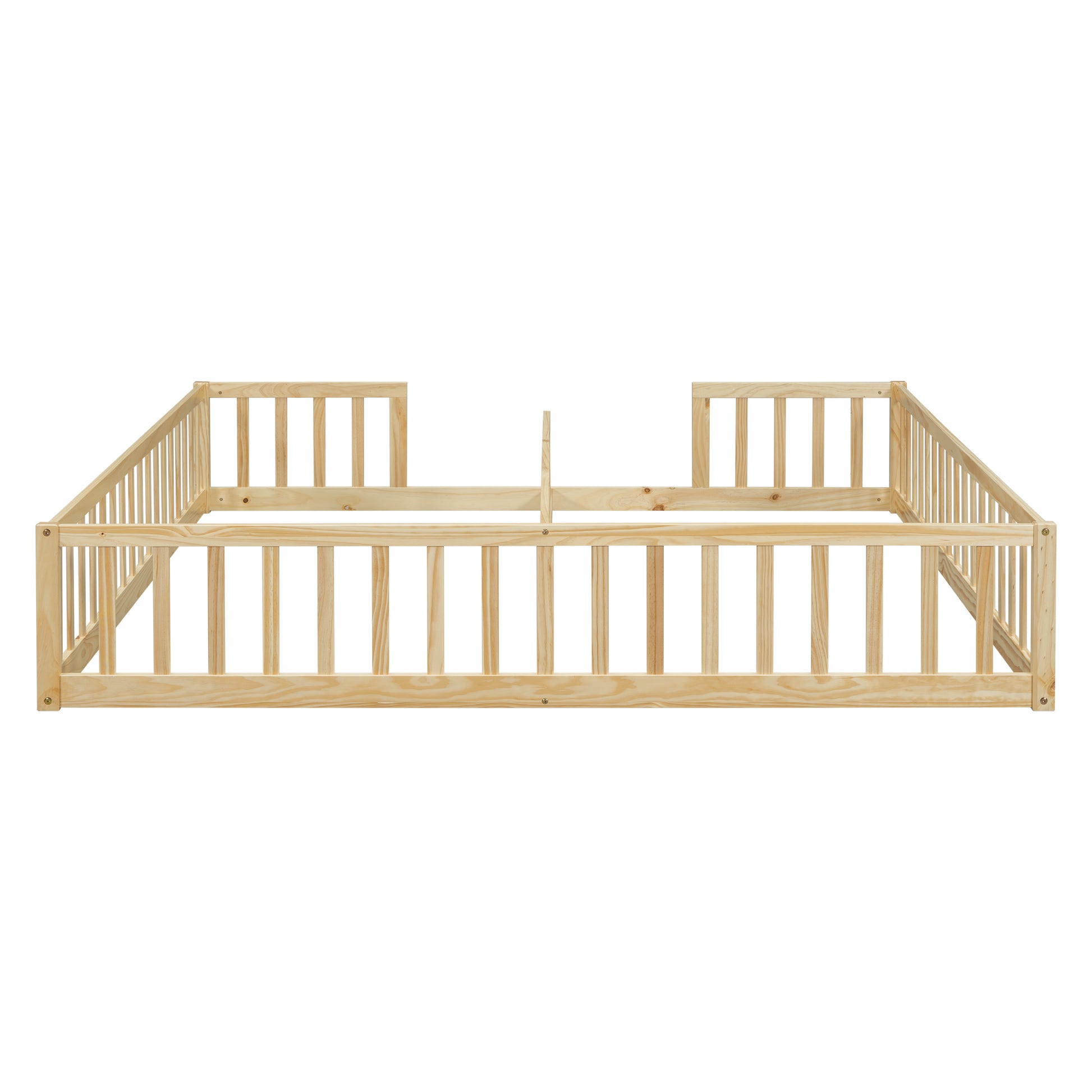 Double Twin Floor Bed With Fence, Guardrails, Without Door, Natural Twin Natural American Design Pine