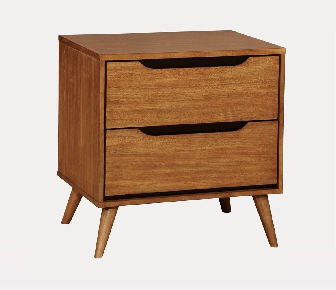 Mid Century Modern Oak Color 1Pc Nightstand Bedroom Furniture Solid Wood Round Tapered Legs 2 Drawers Bedside Table Oak 2 Drawers Bedroom Bedside Cabinet Contemporary,Mid Century