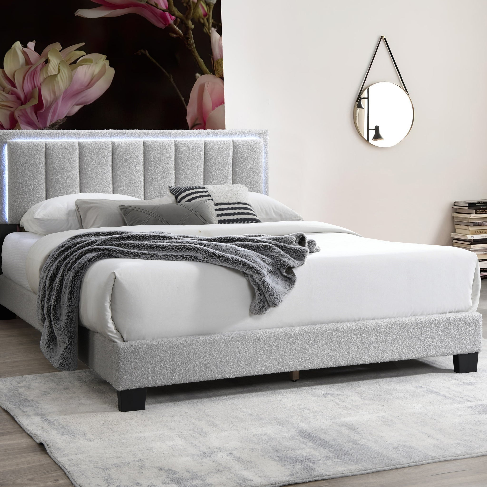 Light Gray Wool Fabric 1Pc Queen Size Bed Channel Tufting W Led Full Upholstered Bedframe Bedroom Bed Box Spring Not Required Queen Light Gray Wood Bedroom Contemporary,Modern Bed Frame Wool