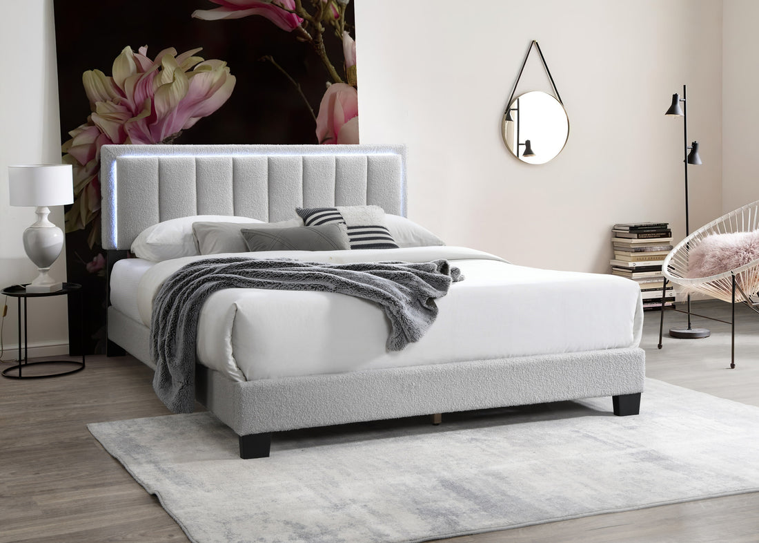 Light Gray Wool Fabric 1Pc Queen Size Bed Channel Tufting W Led Full Upholstered Bedframe Bedroom Bed Box Spring Not Required Queen Light Gray Wood Bedroom Contemporary,Modern Bed Frame Wool