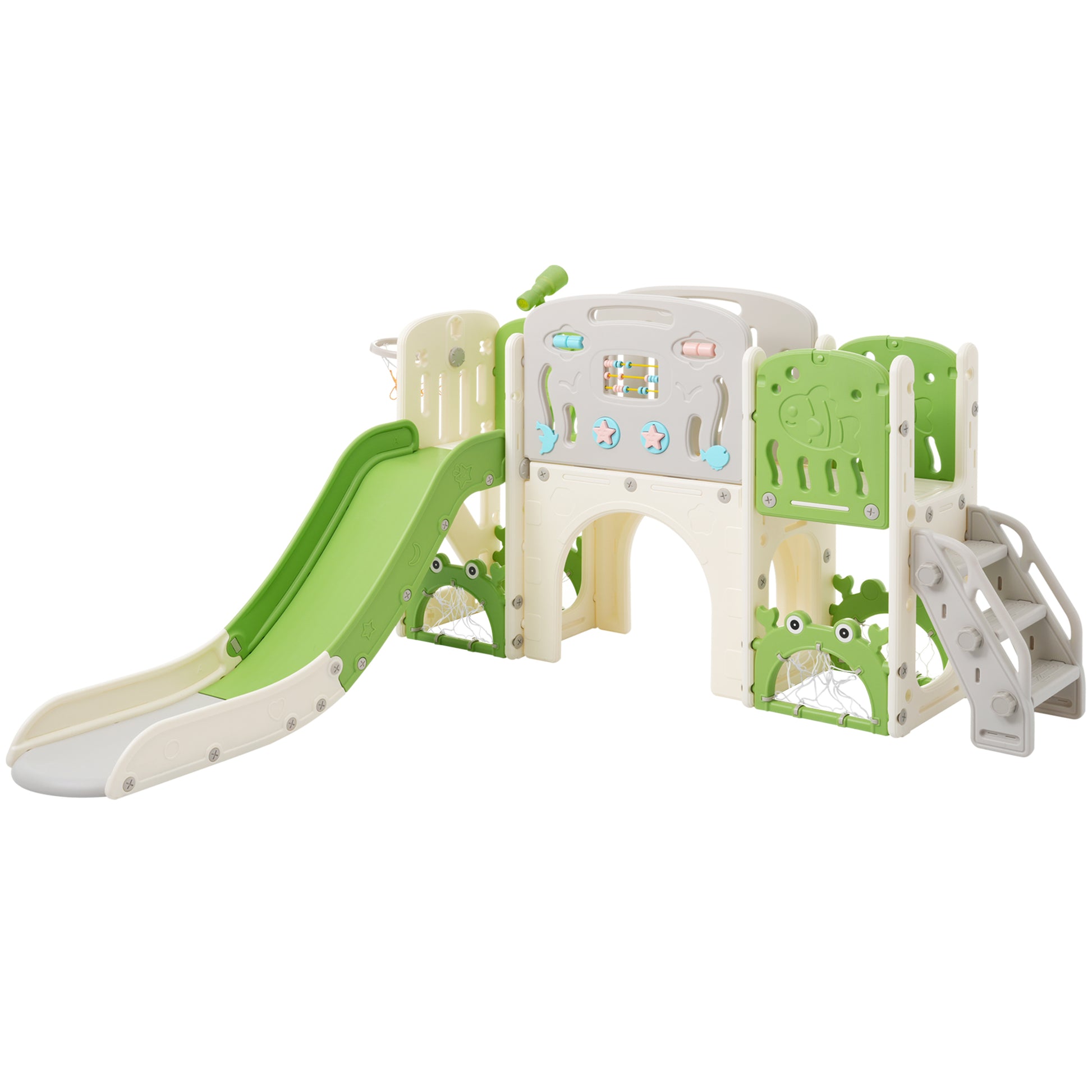11 In 1 Toddler Slide, Kids Slide For Toddler Age 1 3 With Basketball Hoop, Kids Slide Playset Structure,Arch Tunnel And Telescope, Toy Storage Organizer For Toddlers, Kids Climbers Playground Green Cute 1 To 2 Years Hdpe Indoor & Outdoor Use